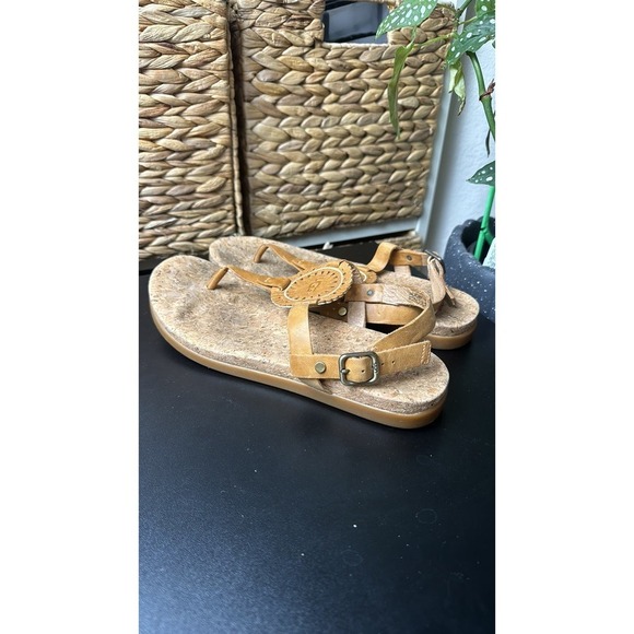 Ugg Ayden slingback medallion tan leather cork‎ casual T thong sandals size 9 - Picture 7 of 9